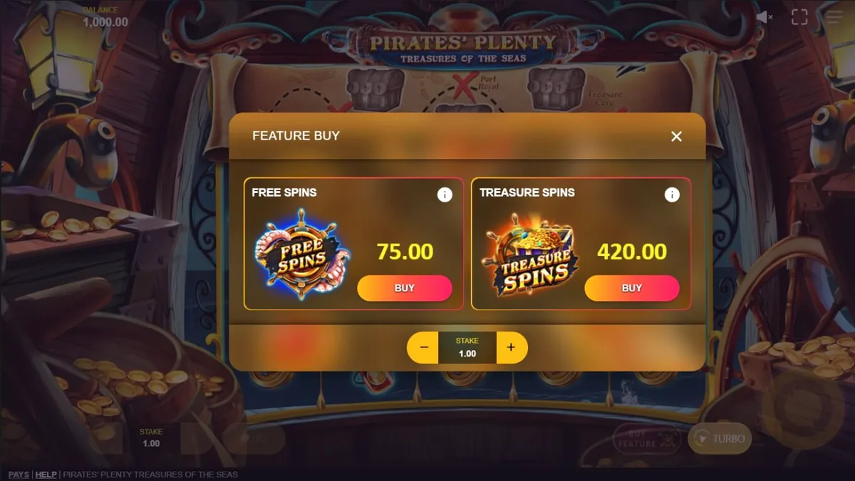 Tampilan visual slot Pirates’ Plenty: Treasures of the Seas dengan tema bajak laut